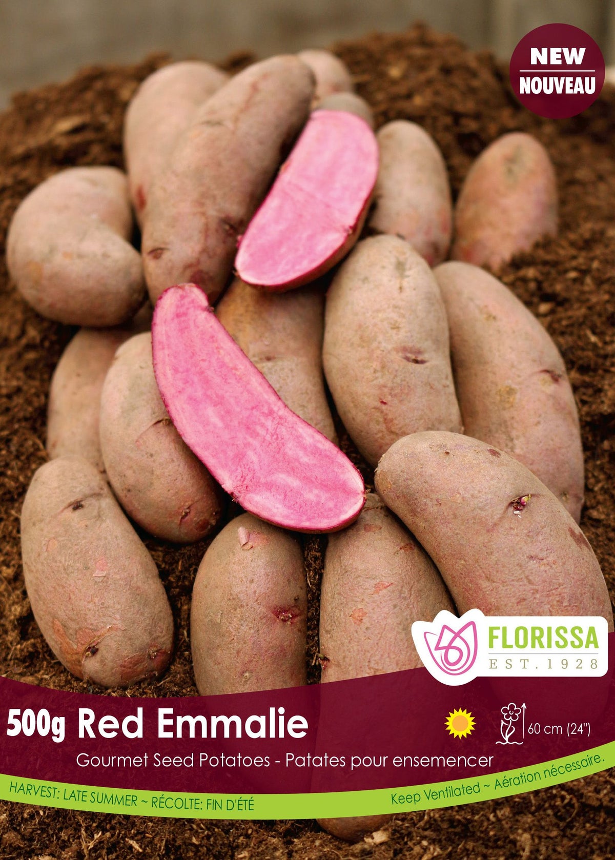 Pomme de terre Gourmet ‘Red Emmalie’ (500 g) ( Solanum tuberosum ) : des pommes de terre coupées pour montrer leur chair rose. Le visuel Florissa présente la plante et son nom dans la partie inférieure de l’étiquette. La photographie occupe presque toute la surface, tandis que le bandeau du bas rassemble les indications du produit. Cette vue permet de reconnaître son apparence et de distinguer la variété présentée.