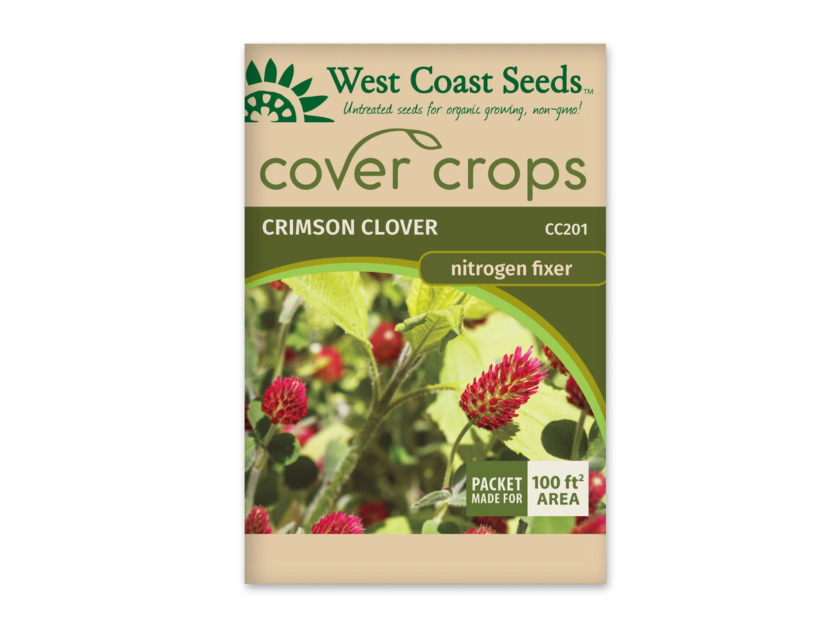 Sachet beige et vert West Coast Seeds de la gamme Cover Crops, portant le nom anglais Crimson Clover et le code CC201. La photo centrale montre des épis floraux rouges dressés parmi des feuilles vertes et des tiges légèrement velues. Un encadré vert et blanc dans le coin inférieur droit annonce une couverture de 100 pieds carrés. Le sachet est présenté sur fond blanc.