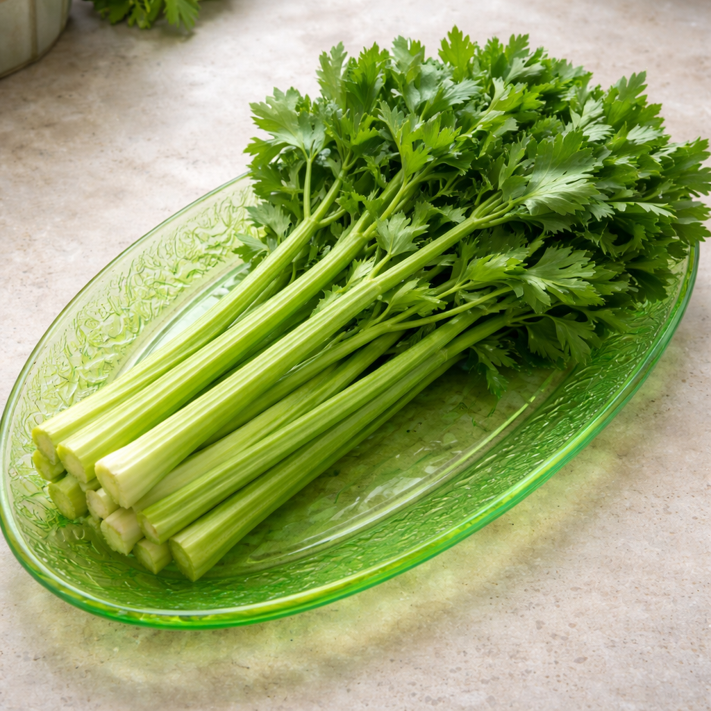 Céleri DElne. Côtes de céleri vert clair dans un plat vert. Le cadrage permet de voir les formes, les couleurs et les détails du sujet représenté. Les contours se détachent du fond de l’image, avec des différences de teinte et de texture visibles sur les surfaces. Cette vue accompagne la présentation du produit dans la boutique.
