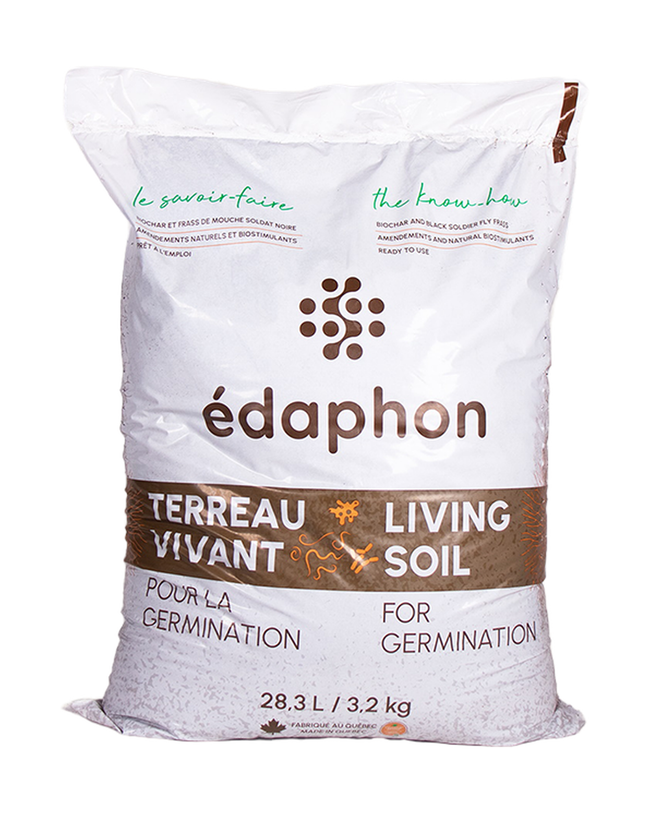 Terreau Vivant pour la Germination ÉDAPHON. Sac clair ÉDAPHON avec une étiquette brun violacé. Le cadrage permet de voir les formes, les couleurs et les détails du sujet représenté. Les contours se détachent du fond de l’image, avec des différences de teinte et de texture visibles sur les surfaces. Cette vue accompagne la présentation du produit dans la boutique.