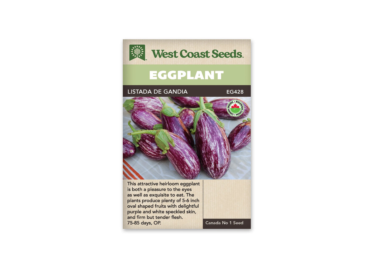 Sachet Listada de Gandia de West Coast Seeds avec une bande vert pâle et le nom sur fond sombre. La photo montre plusieurs aubergines ovales violettes striées de blanc, avec des calices verts, sur un tissu clair bordé de rouge. Un logo biologique apparaît à droite; le bas du sachet porte du texte sur fond beige.