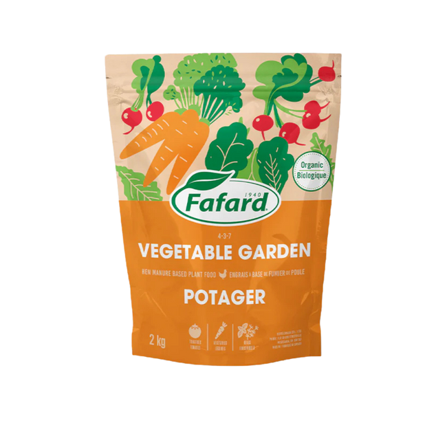 Sac d’engrais Fafard pour potager biologique 4-3-7 à base de fumier de poule, conçu pour les légumes, fines herbes et cultures potagères.