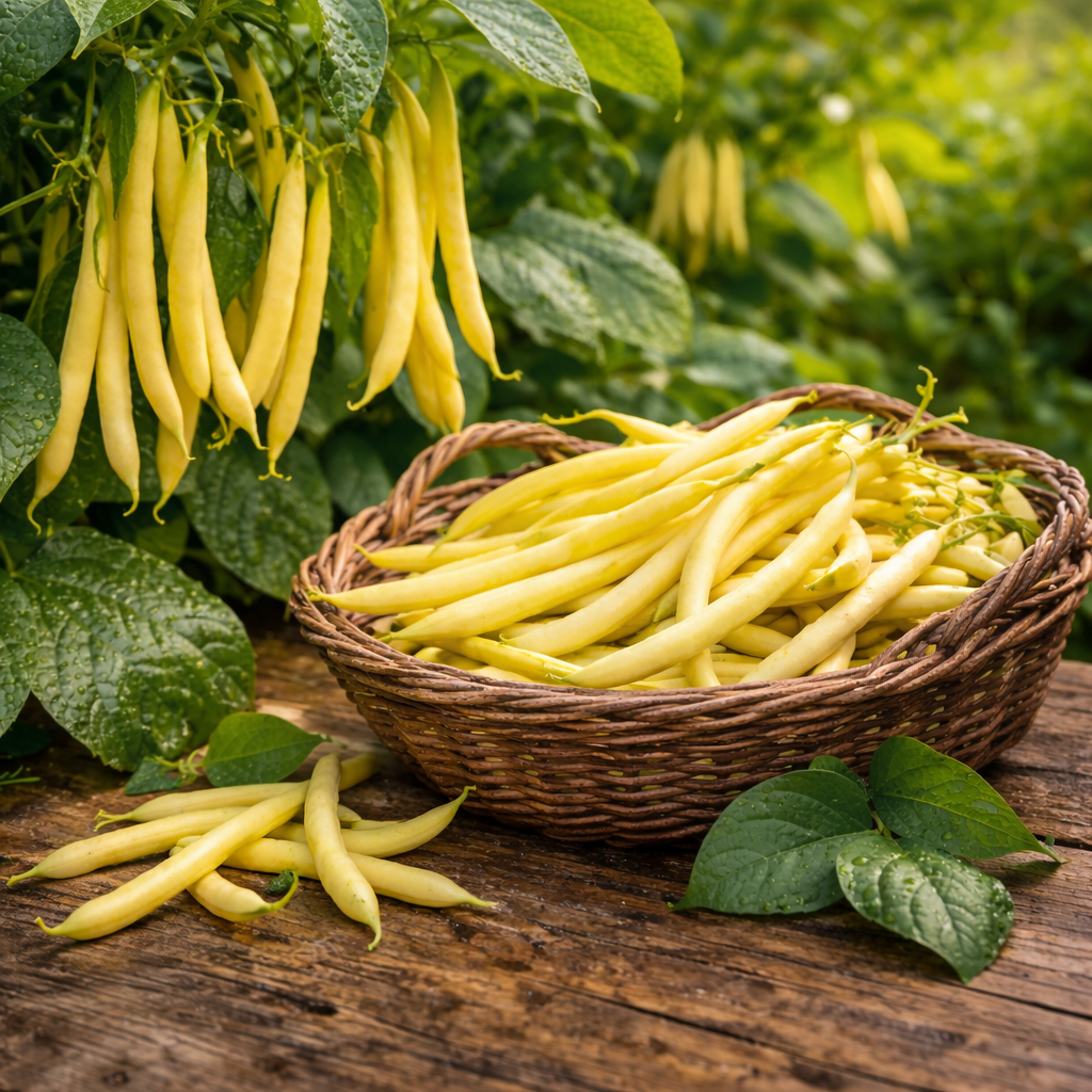 Product photograph of organic ‘Gold Rush’ yellow wax bean seeds, illustrated with a compact bush plant bearing clusters of straight round golden-yellow pods near the main stem. The image identifies this Phaseolus vulgaris cultivar for vegetable gardens, raised beds, and large containers, offering easy harvest without a trellis. Pod colour and compact habit help gardeners recognize the expected crop.