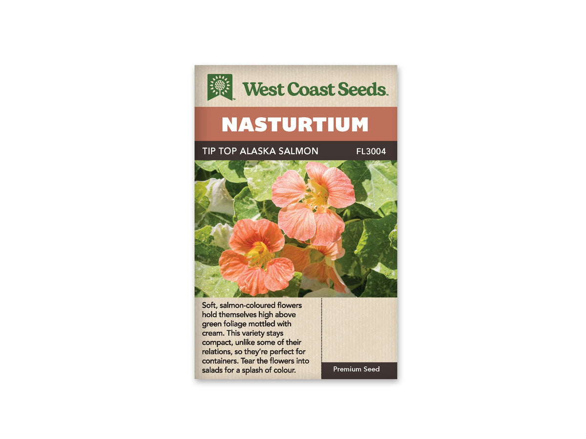 Sachet Tip Top Alaska Salmon de West Coast Seeds sur fond blanc. La photo montre plusieurs fleurs rose saumon à gorge jaune, portées au-dessus de feuilles rondes vertes marbrées de crème. De petites gouttes brillent sur les fleurs et les feuilles. Le bandeau orange indique Nasturtium; la bande brune porte le nom de la variété et le code FL3004.