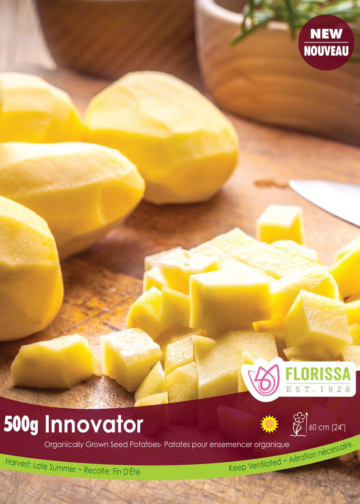 Pomme de terre ‘Innovator’ ( Solanum tuberosum ) : des pommes de terre à chair jaune présentées entières, en tranches et en dés. Le visuel Florissa présente la plante et son nom dans la partie inférieure de l’étiquette. La photographie occupe presque toute la surface, tandis que le bandeau du bas rassemble les indications du produit. Cette vue permet de reconnaître son apparence et de distinguer la variété présentée.