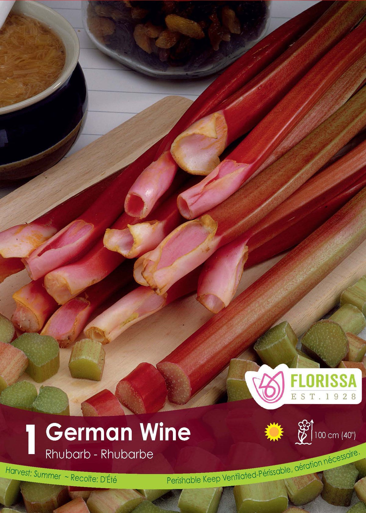 Rhubarbe ‘German Wine’ ( Rheum × hybridum ) : des tiges de rhubarbe rouges et vertes présentées sur une planche. Le visuel Florissa présente la plante et son nom dans la partie inférieure de l’étiquette. La photographie occupe presque toute la surface, tandis que le bandeau du bas rassemble les indications du produit. Cette vue permet de reconnaître son apparence et de distinguer la variété présentée.