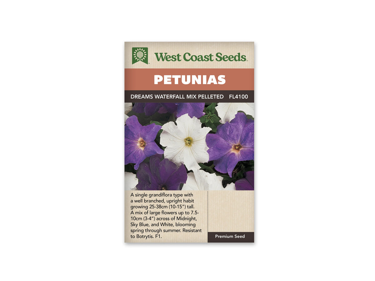 Sachet Dreams Waterfall Mix Pelleted de West Coast Seeds sur fond blanc. La photo montre des fleurs de pétunia blanches, violettes et violet foncé, serrées parmi un feuillage vert. Une grande fleur blanche occupe le centre, avec une gorge jaune verdâtre et de fines nervures. Les corolles ont des bords légèrement ondulés. Le code FL4100 figure sur la bande brune.