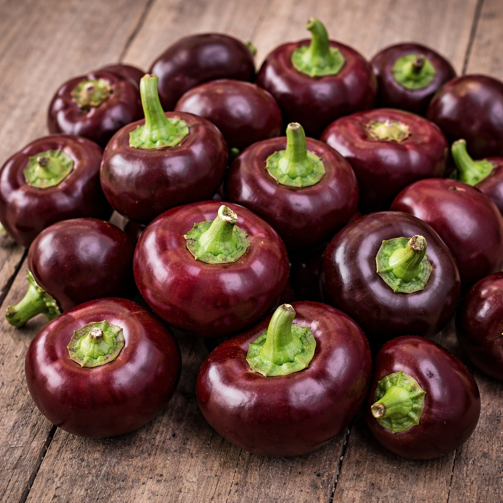 Packet of 25 organic Hot pepper ‘Hot Chocolate Cherry’ (Capsicum annuum) seeds from Ferme Tourne-Sol, shown with small, round, chocolate-brown peppers about 3.8 cm across. The image identifies this medium-hot cultivar for indoor seed starting, sunny kitchen gardens, large containers, and homemade sauces, salsas, marinades, or carefully portioned preserved peppers.
