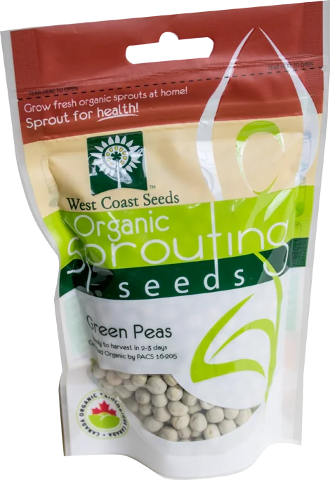 Sachet West Coast Seeds à partie supérieure rouge, avec une étiquette vert jaune portant le nom anglais Green Peas. La fenêtre transparente laisse voir de grosses graines arrondies vert pâle et beige. Le bas blanc de l'emballage présente le logo biologique canadien et les indications de germination. Le délai de 2 à 3 jours est visible sur le devant.