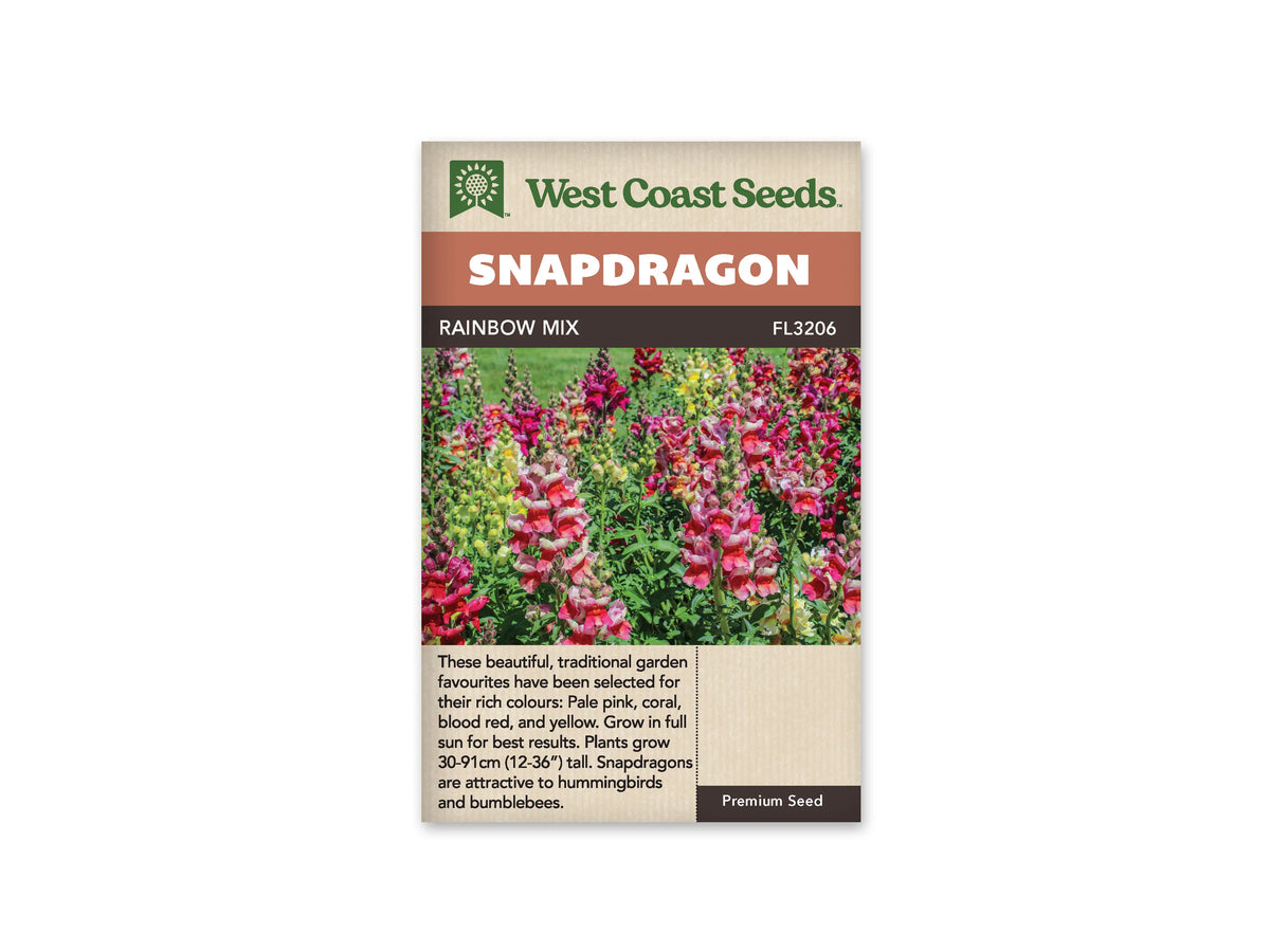 Sachet West Coast Seeds illustré par une photo de mufliers. Des épis de mufliers roses, rouges, corail et jaunes se dressent dans un massif dense. Certaines fleurs portent deux tons. Des boutons fermés prolongent le haut des tiges, tandis que des feuilles vertes occupent le bas de l’image. À l’arrière, une zone de pelouse verte contraste avec les groupes de fleurs aux couleurs vives.
