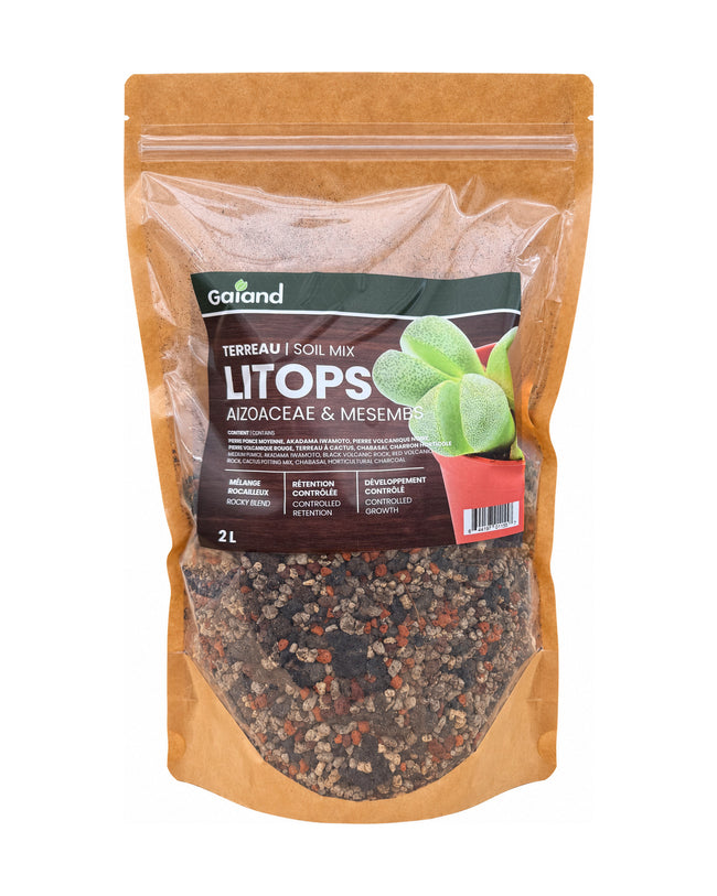 Sac de terreau Lithops Gaïand 2 L pour Aizoaceae et Mesembs présenté en serre avec des lithops en pots