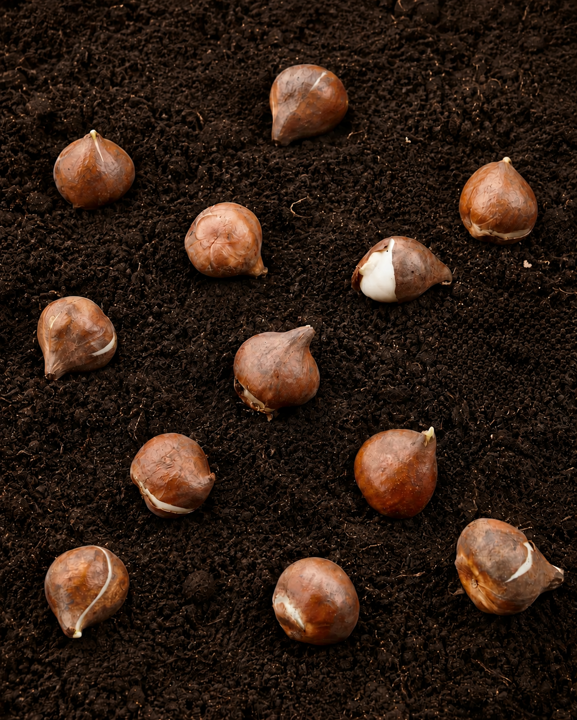 Tulipe ‘Finola’ ( Tulipa ) : des bulbes bruns disposés séparément sur une terre sombre. Cette photographie montre le sujet de près et permet d’en observer les formes, les couleurs et la disposition. Le cadrage attire l’attention sur les éléments visibles au premier plan. Cette vue complète la présentation du produit en donnant un aperçu de son apparence à cette étape, dans la scène photographiée.