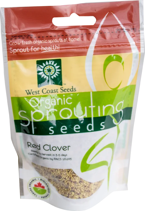 Sachet West Coast Seeds à partie supérieure rouge, avec une étiquette vert jaune portant le nom anglais Red Clover. La fenêtre transparente laisse voir de minuscules graines jaune beige et brunes. Le bas blanc de l'emballage présente le logo biologique canadien et les indications de germination. Le délai de 3 à 5 jours est visible sur le devant.