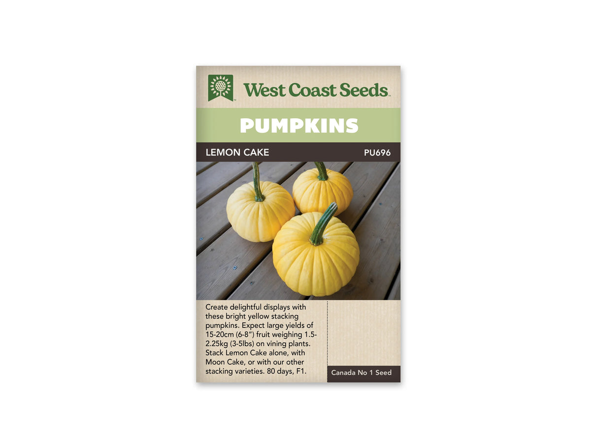 Sachet Lemon Cake de West Coast Seeds avec un bandeau vert pâle et le nom sur fond brun. La photo montre trois citrouilles jaunes aplaties, à côtes marquées et à longs pédoncules verts. Elles reposent sur des planches de bois brun. Une zone beige avec du texte occupe le bas du sachet.