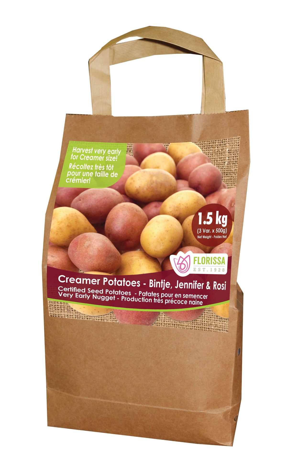 Pomme de terre ‘Creamer Combo Sack’ ( Solanum tuberosum ) : un sac en papier à poignées illustré de petites pommes de terre de couleurs variées. La présentation montre l’emballage avec une illustration du produit et son nom imprimé sur l’étiquette. Les informations sont regroupées sur la face visible, tandis que la photographie met en évidence le contenu ou la plante illustrée. Cette vue vous aide à reconnaître le produit présenté et son conditionnement.
