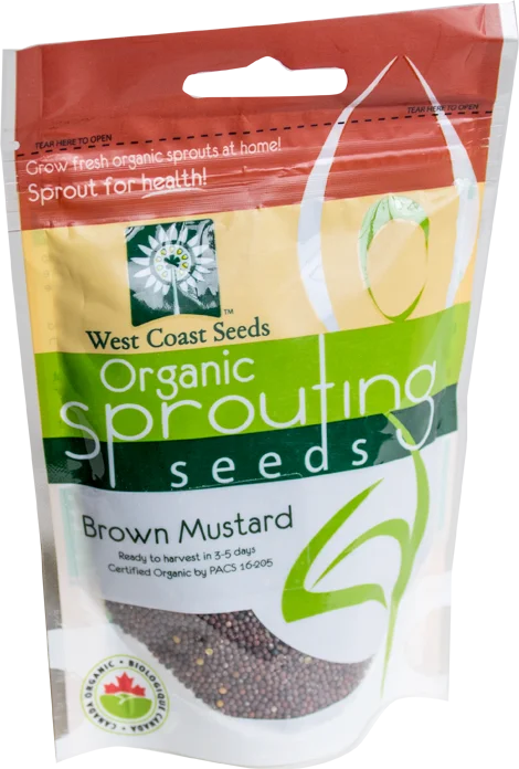 Sachet West Coast Seeds à partie supérieure rouge, avec une étiquette vert jaune portant le nom anglais Brown Mustard. La fenêtre transparente laisse voir de très petites graines rondes brun foncé, avec quelques graines plus claires. Le bas blanc de l'emballage présente le logo biologique canadien et les indications de germination. Le délai de 3 à 5 jours est visible sur le devant.