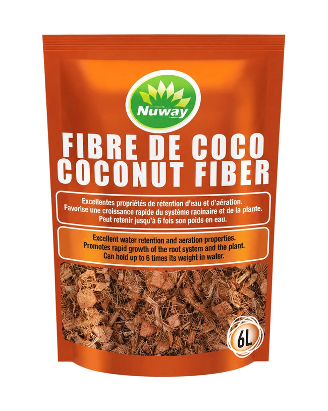 Sac de fibre de coco Nuway de 6 L dans son emballage orange sur fond blanc.