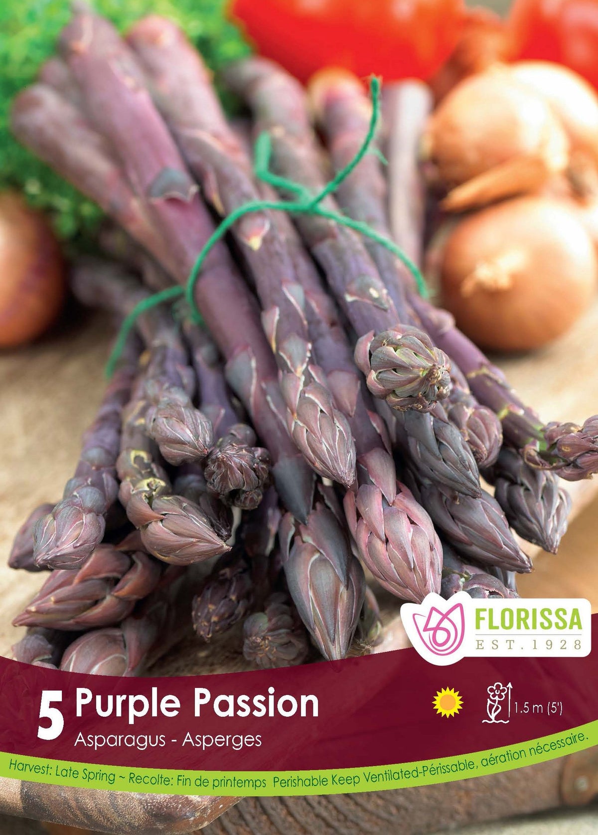 Asperge ‘Purple Passion’ ( Asparagus officinalis ) : une botte d’asperges violettes attachées avec une ficelle verte. Le visuel Florissa présente la plante et son nom dans la partie inférieure de l’étiquette. La photographie occupe presque toute la surface, tandis que le bandeau du bas rassemble les indications du produit. Cette vue permet de reconnaître son apparence et de distinguer la variété présentée.