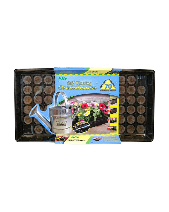 Mini-serre auto-irrigante Jiffy de 70 cellules avec boulettes de tourbe et emballage, sur fond blanc.