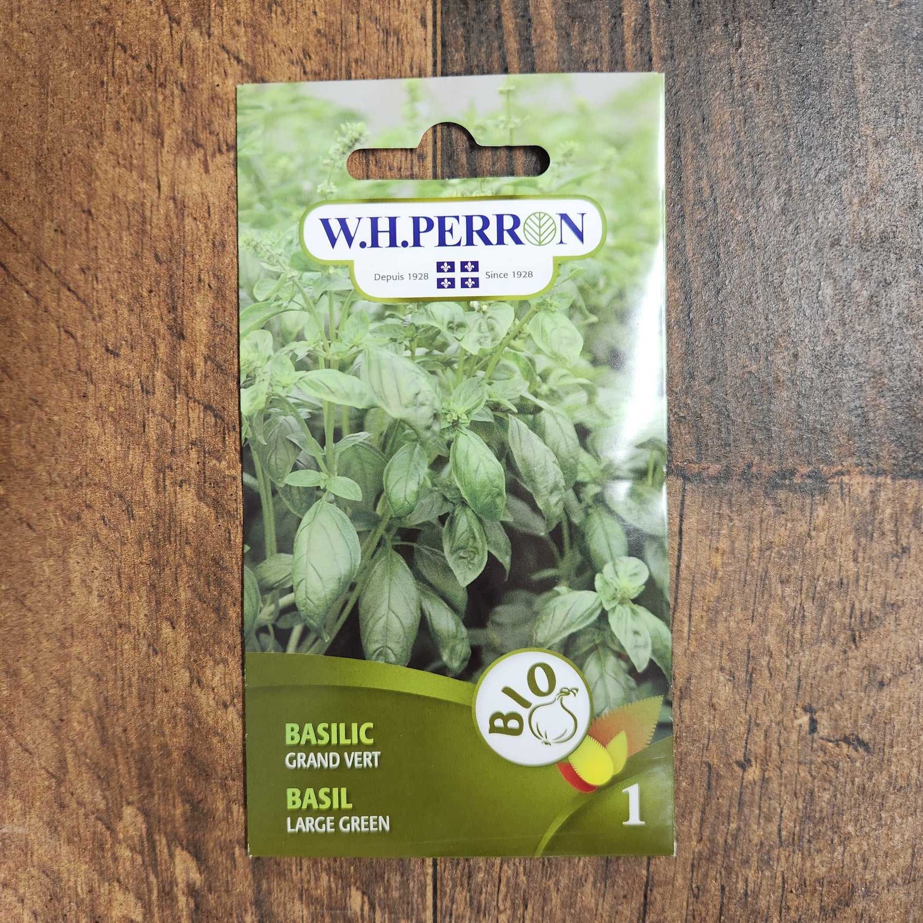 Photographie de Basilic bio (Ocimum basilicum ‘Grand Vert’), sélection proposée en semences W.H. Perron. Le visuel présente l’apparence de la plante ou de sa récolte et permet d’en observer les formes et les couleurs. Cette vue illustre les caractéristiques visibles de la sélection, dans une présentation destinée à accompagner son identification et à montrer son intérêt au jardin.