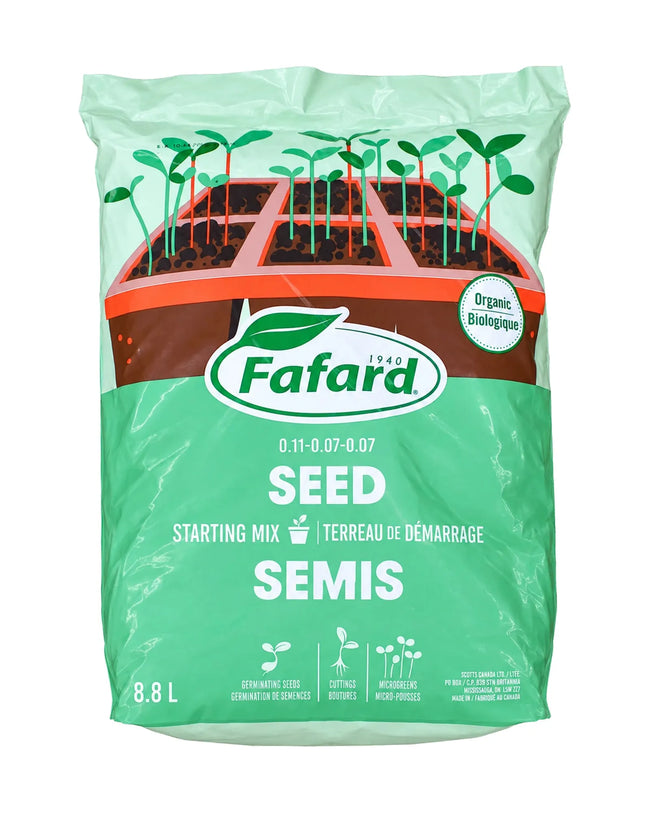 Sac de terreau de démarrage pour semis biologique Fafard de 8,8 L sur fond blanc.