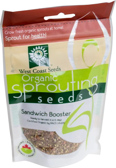 Sachet West Coast Seeds à partie supérieure rouge, avec une étiquette vert jaune portant le nom anglais Sandwich Booster. La fenêtre transparente laisse voir de petites graines brunes et beige, accompagnées de haricots verts. Le bas blanc de l'emballage présente le logo biologique canadien et les indications de germination. Le délai de 4 à 5 jours est visible sur le devant.