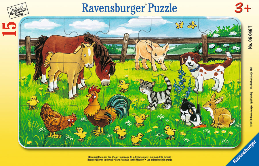 Casse-tête avec cadre 15 morceaux Farm Animals in the Meadow – Ravensburger