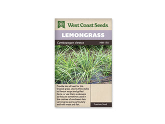 Sachet de citronnelle West Coast Seeds présenté de face sur fond blanc. La photographie montre une touffe de longues feuilles vertes étroites, dressées puis arquées, dans un jardin. Le bandeau mauve porte le nom LEMONGRASS. La partie beige inférieure contient une description en anglais, avec le logo de la marque au bas du sachet.
