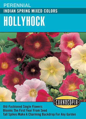 Visuel officiel de Cornucopia associé aux semences de Rose trémière Indian Spring, référence CS103. Ce mélange propose des roses trémières de différentes couleurs sous le nom Indian Spring. Leurs hampes fleuries permettent de structurer l’arrière des massifs. Cette image accompagne la fiche de cette sélection et permet de repérer le produit correspondant dans le catalogue de semences.