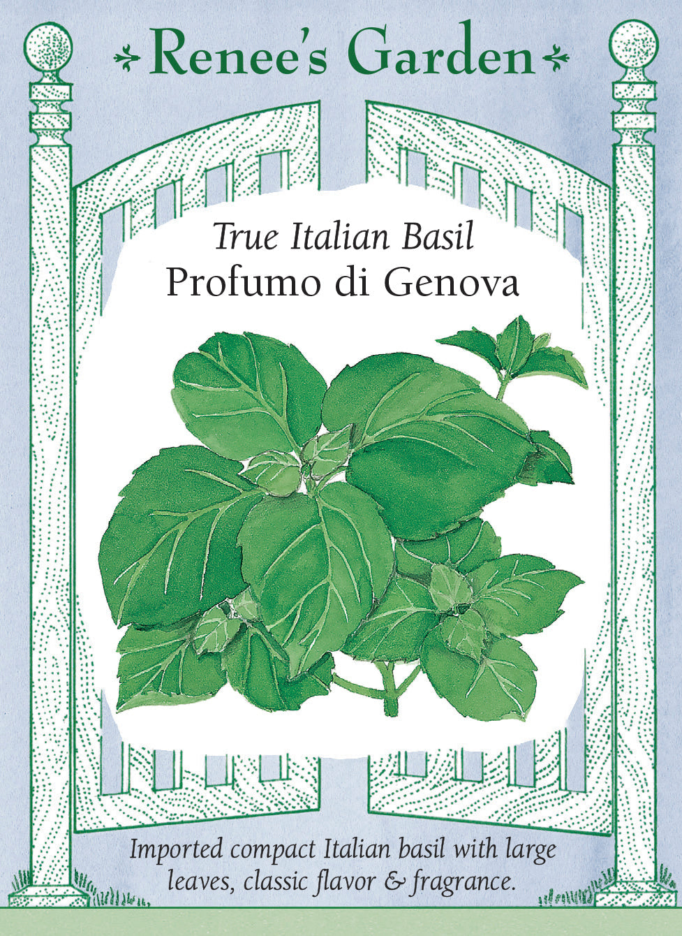 Visuel officiel de Renee's Garden pour les semences « Basilic ‘Profumo di Genova’ », référence RN1070. Cette sélection italienne forme des plants compacts, denses et feuillus. Le semencier décrit un parfum net de basilic et des feuilles aromatiques destinées à être récoltées régulièrement. Le port permet de cultiver quelques plants près de la cuisine. Les feuilles se prêtent aux usages habituels du basilic doux.