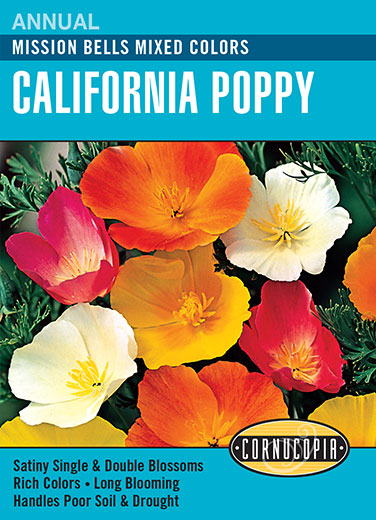 Visuel officiel de Cornucopia associé aux semences de Pavot de Californie Mission Bells, référence CS114. Les fleurs aux pétales soyeux présentent des couleurs variées. Les plantes atteignent environ 30 cm (12 po) et tolèrent les périodes sèches. Elles peuvent se ressemer lorsque les conditions sont favorables. Cette image accompagne la fiche de cette sélection et permet de repérer le produit correspondant dans le catalogue de semences.