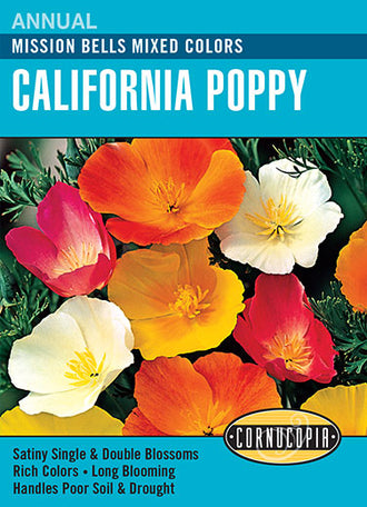Visuel officiel de Cornucopia associé aux semences de Pavot de Californie Mission Bells, référence CS114. Les fleurs aux pétales soyeux présentent des couleurs variées. Les plantes atteignent environ 30 cm (12 po) et tolèrent les périodes sèches. Elles peuvent se ressemer lorsque les conditions sont favorables. Cette image accompagne la fiche de cette sélection et permet de repérer le produit correspondant dans le catalogue de semences.