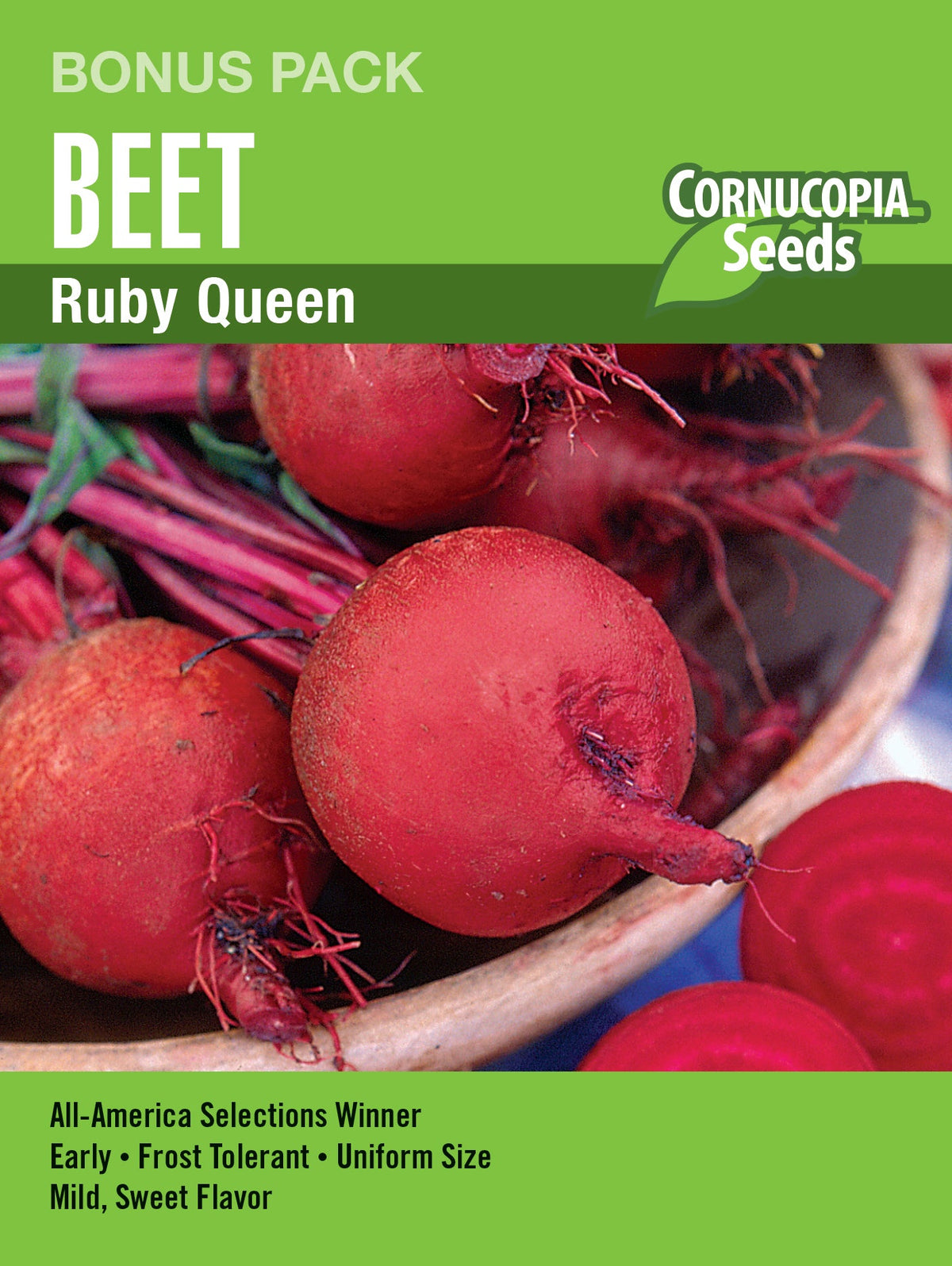 Visuel officiel de Cornucopia associé aux semences de Betterave ‘Ruby Queen’, référence CS1169. Cette référence en grand format propose la betterave Ruby Queen. Les semis peuvent être organisés en rangs, avec un éclaircissage laissant aux racines l’espace nécessaire. Cette image accompagne la fiche de cette sélection et permet de repérer le produit correspondant dans le catalogue de semences.