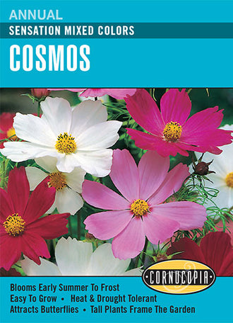 Visuel officiel de Cornucopia associé aux semences de Cosmos Sensation, référence CS116. Ce mélange de cosmos est proposé sous le nom Sensation. Il permet de créer une plantation fleurie aux couleurs variées et de récolter des tiges pour les bouquets. Cette image accompagne la fiche de cette sélection et permet de repérer le produit correspondant dans le catalogue de semences.