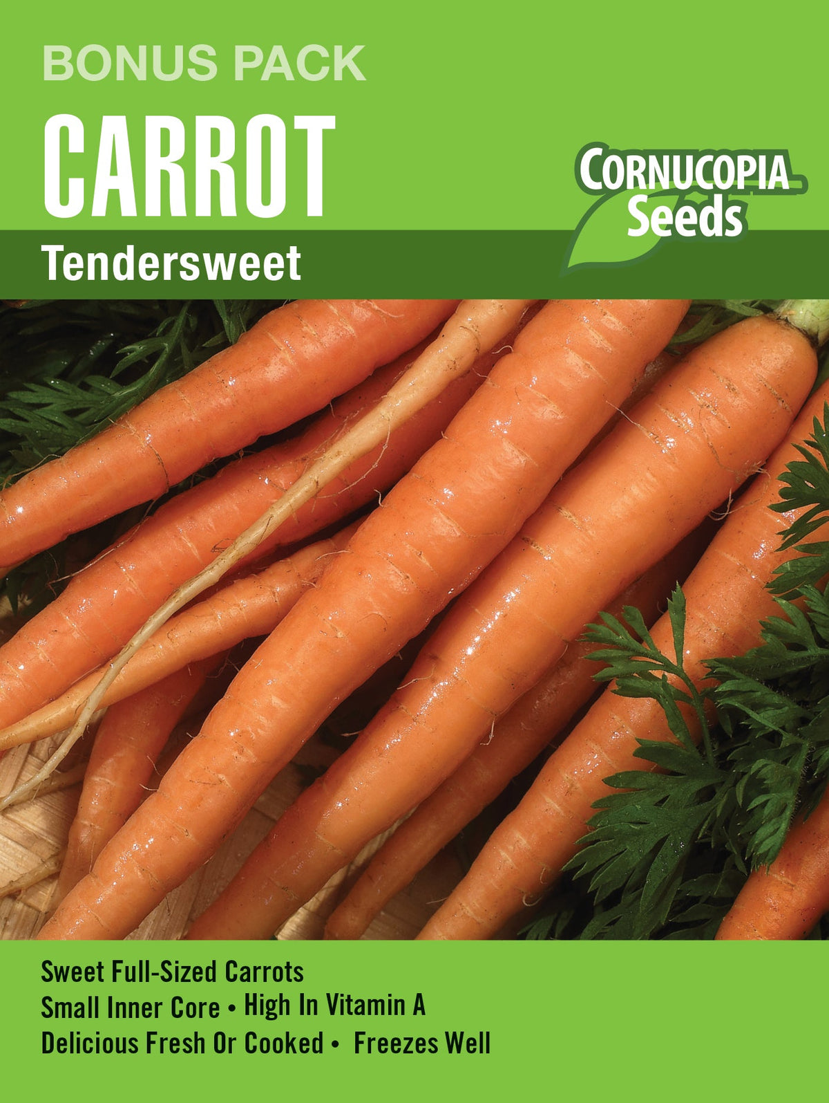 Visuel officiel de Cornucopia associé aux semences de Carotte ‘Tendersweet’, référence CS1170. Cette référence en grand format propose la carotte Tendersweet. Le semis direct dans une terre ameublie permet de préparer une récolte de racines pour la cuisine. Cette image accompagne la fiche de cette sélection et permet de repérer le produit correspondant dans le catalogue de semences.