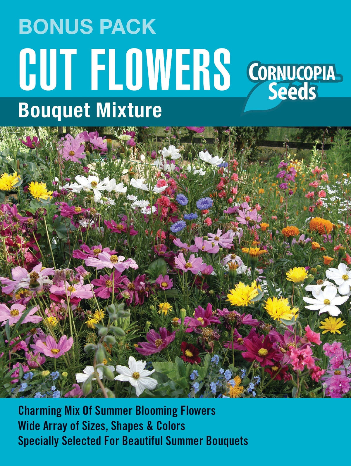 Visuel officiel de Cornucopia associé aux semences de Mélange de fleurs Cut Flower Bouquet, référence CS1174. Ce mélange en grand format est destiné aux fleurs coupées. Il permet de réserver une zone du jardin à des récoltes successives pour les bouquets. Cette image accompagne la fiche de cette sélection et permet de repérer le produit correspondant dans le catalogue de semences.