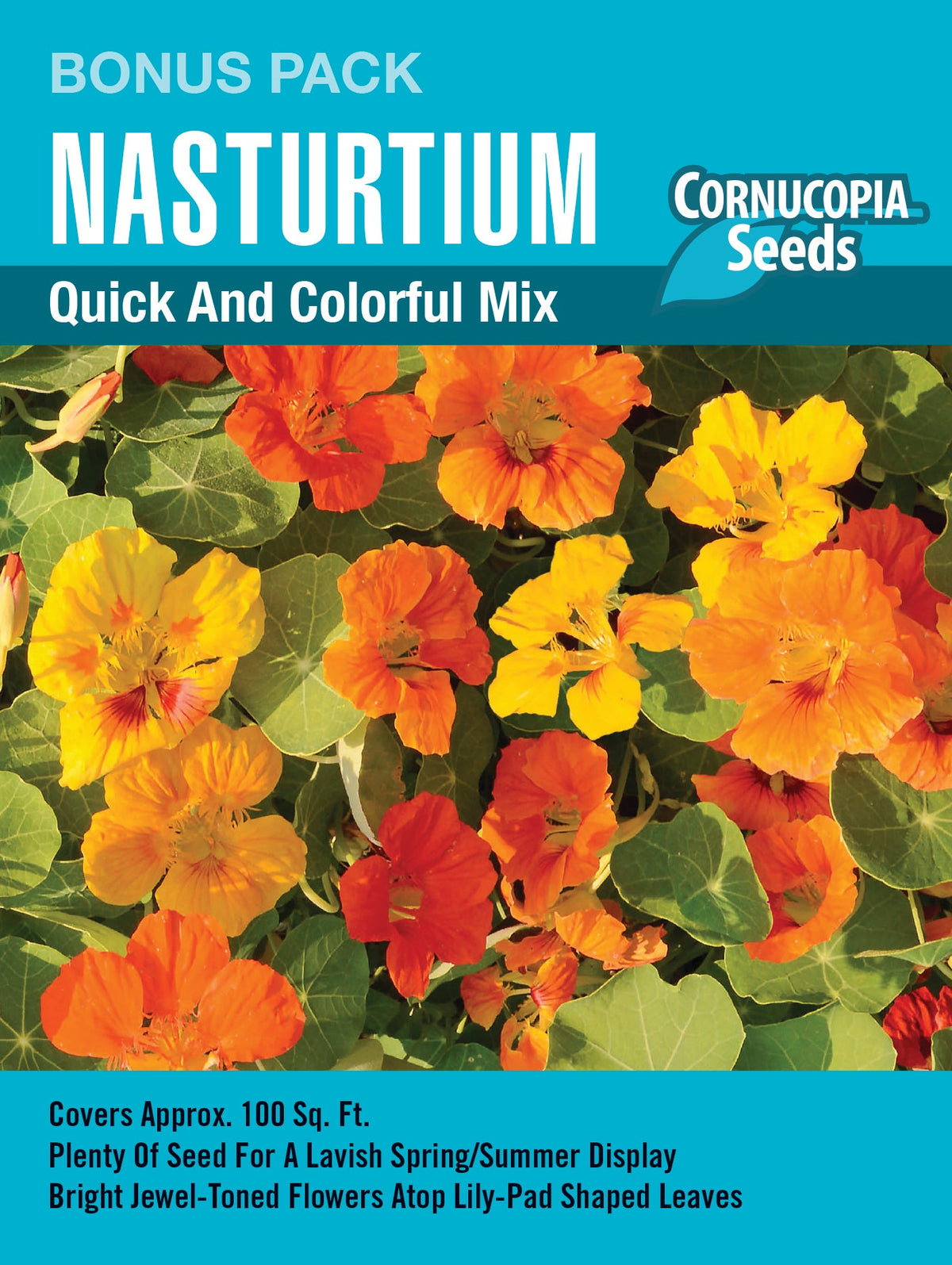 Visuel officiel de Cornucopia associé aux semences de Capucine en mélange, référence CS1183. Ce mélange de capucines compactes présente des fleurs de différentes couleurs. Les plantes atteignent environ 30 cm (12 po) et conviennent aux pots ainsi qu’aux jardinières. La référence est proposée en grand format. Cette image accompagne la fiche de cette sélection et permet de repérer le produit correspondant dans le catalogue de semences.
