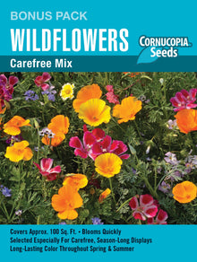 Visuel officiel de Cornucopia associé aux semences de Mélange de fleurs Wildflower Carefree Mix, référence CS1187. Ce mélange conçu pour les jardins californiens comprend notamment des coréopsis, des gilias, des pavots de Californie, des collinsies et des lupins. Les plantes atteignent environ 30 à 60 cm (1 à 2 pi). Le mélange ne désigne pas des espèces toutes indigènes au Québec.