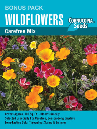 Visuel officiel de Cornucopia associé aux semences de Mélange de fleurs Wildflower Carefree Mix, référence CS1187. Ce mélange conçu pour les jardins californiens comprend notamment des coréopsis, des gilias, des pavots de Californie, des collinsies et des lupins. Les plantes atteignent environ 30 à 60 cm (1 à 2 pi). Le mélange ne désigne pas des espèces toutes indigènes au Québec.