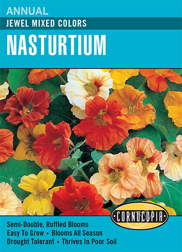Visuel officiel de Cornucopia associé aux semences de Capucine Jewel, référence CS126. Ce mélange ancien présente des fleurs de différentes couleurs sur des plantes compactes. Les touffes atteignent environ 30 cm (12 po) et conviennent aux pots ainsi qu’aux jardinières. Cette image accompagne la fiche de cette sélection et permet de repérer le produit correspondant dans le catalogue de semences.