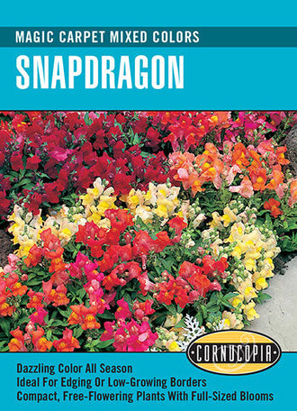 Visuel officiel de Cornucopia associé aux semences de Muflier Magic Carpet, référence CS130. Ce mélange propose des mufliers de différentes couleurs sous le nom Magic Carpet. Il permet de varier les fleurs dans les plantations saisonnières. Cette image accompagne la fiche de cette sélection et permet de repérer le produit correspondant dans le catalogue de semences.