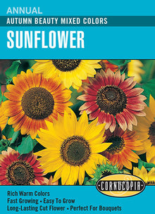Visuel officiel de Cornucopia associé aux semences de Tournesol Autumn Beauty, référence CS133. Ce mélange propose des tournesols de différentes couleurs sous le nom Autumn Beauty. Les fleurs permettent de varier les massifs estivaux et les bouquets. Cette image accompagne la fiche de cette sélection et permet de repérer le produit correspondant dans le catalogue de semences.