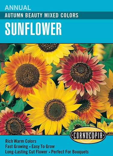 Visuel officiel de Cornucopia associé aux semences de Tournesol Autumn Beauty, référence CS133. Ce mélange propose des tournesols de différentes couleurs sous le nom Autumn Beauty. Les fleurs permettent de varier les massifs estivaux et les bouquets. Cette image accompagne la fiche de cette sélection et permet de repérer le produit correspondant dans le catalogue de semences.