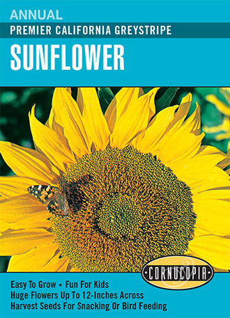 Visuel officiel de Cornucopia associé aux semences de Tournesol ‘California Greystripe’, référence CS134. Cette référence propose la variété de tournesol California Greystripe. Elle se cultive dans un emplacement ensoleillé pour sa floraison estivale. Cette image accompagne la fiche de cette sélection et permet de repérer le produit correspondant dans le catalogue de semences.