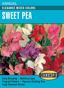 Visuel officiel de Cornucopia associé aux semences de Pois de senteur Elegance, référence CS136. Ce mélange propose des pois de senteur de différentes couleurs sous le nom Elegance. Il permet de varier les fleurs dans les supports fleuris et les bouquets. Cette image accompagne la fiche de cette sélection et permet de repérer le produit correspondant dans le catalogue de semences.