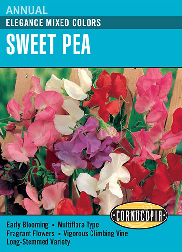 Visuel officiel de Cornucopia associé aux semences de Pois de senteur Elegance, référence CS136. Ce mélange propose des pois de senteur de différentes couleurs sous le nom Elegance. Il permet de varier les fleurs dans les supports fleuris et les bouquets. Cette image accompagne la fiche de cette sélection et permet de repérer le produit correspondant dans le catalogue de semences.