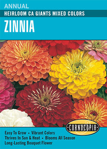Visuel officiel de Cornucopia associé aux semences de Zinnia California Giant, référence CS138. Ce mélange propose des zinnias de différentes couleurs sous le nom California Giant. Les fleurs sont destinées aux massifs et aux bouquets de saison chaude. Cette image accompagne la fiche de cette sélection et permet de repérer le produit correspondant dans le catalogue de semences.