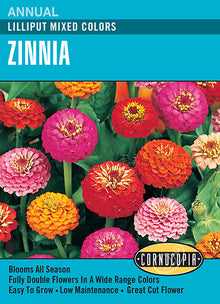 Visuel officiel de Cornucopia associé aux semences de Zinnia Lilliput, référence CS139. Ce mélange propose des zinnias de différentes couleurs sous le nom Lilliput. Les fleurs peuvent être cultivées dans les bordures et récoltées pour les bouquets. Cette image accompagne la fiche de cette sélection et permet de repérer le produit correspondant dans le catalogue de semences.