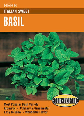 Visuel officiel de Cornucopia associé aux semences de Basilic italien, référence CS140. Ce basilic est destiné à la récolte de feuilles aromatiques. Il se cultive pendant la saison chaude et peut être intégré au potager ou à un contenant bien exposé. Cette image accompagne la fiche de cette sélection et permet de repérer le produit correspondant dans le catalogue de semences.