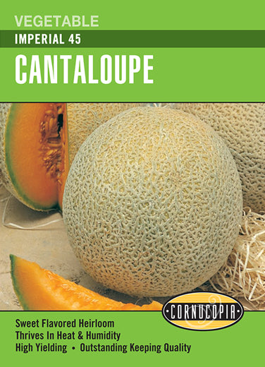 Visuel officiel de Cornucopia associé aux semences de Cantaloup ‘Imperial 45’, référence CS149. Les gros fruits ronds possèdent une petite cavité centrale et une chair sucrée. Le semencier présente cette variété comme adaptée à la chaleur humide et annonce une maturité autour de 87 jours. Cette image accompagne la fiche de cette sélection et permet de repérer le produit correspondant dans le catalogue de semences.